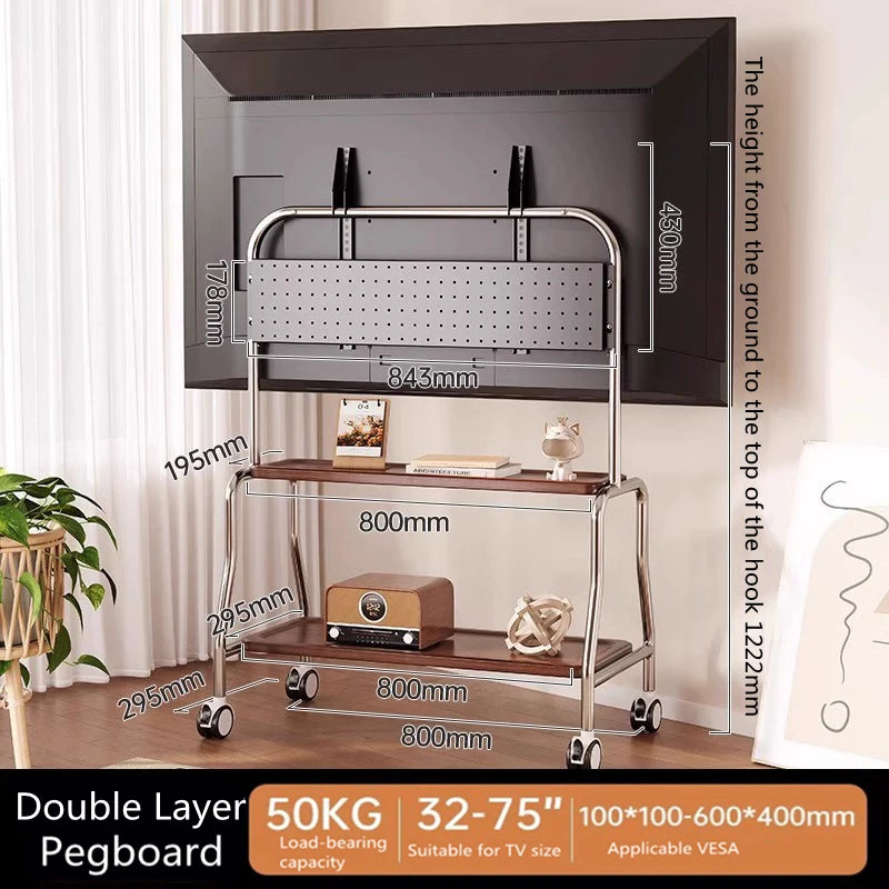 Stainless Steel Rolling Floor Mobile TV Stand for 32-75 Inch LCD LED Screen TVs TV Cart Holds up to 110Lbs Max VESA 600x400mm