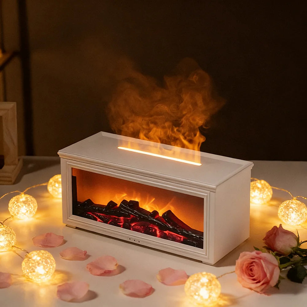 1 Humidificador de aire con difusor de aroma de chimenea con llama simulada, luces nocturnas de colores, temporizador de 3 niveles, alimentado por USB