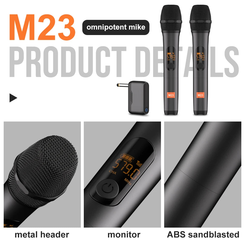 Sistema de Karaoke M23 UHF de 2 Canales con Micrófono Inalámbrico, Receptor Recargable y Micrófono de Mano Inalámbrico para Iglesia, Fiestas, Altavoz
