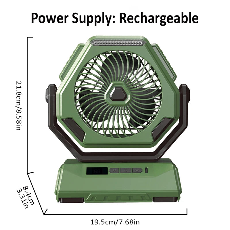 2025 New Camping Fan Rechargeable Outdoor Fan Ceiling Oscillating Fan Portable Air Conditioner with 3 Gears and Flashlight