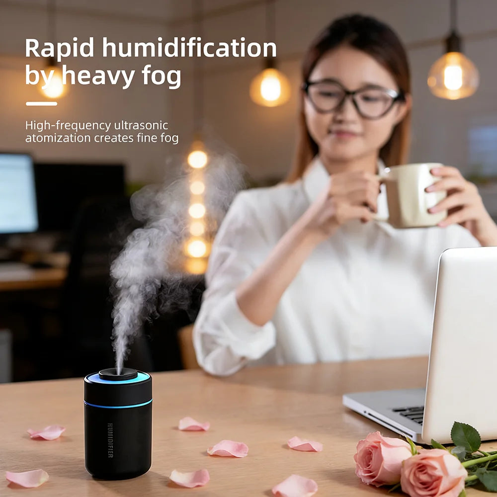 1 humidificador de aire portátil, funcionamiento silencioso, modo de pulverización fina, con luces ambientales - Humidificador USB portátil para uso en interiores