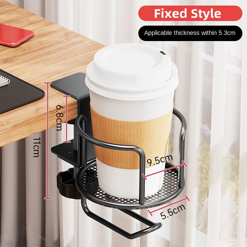 Soporte de vaso para escritorio 2 en 1 sin perforación, abrazadera de brazo ajustable mejorada, soporte giratorio de 360 grados para el borde de la mesa, soporte para vaso anticaída