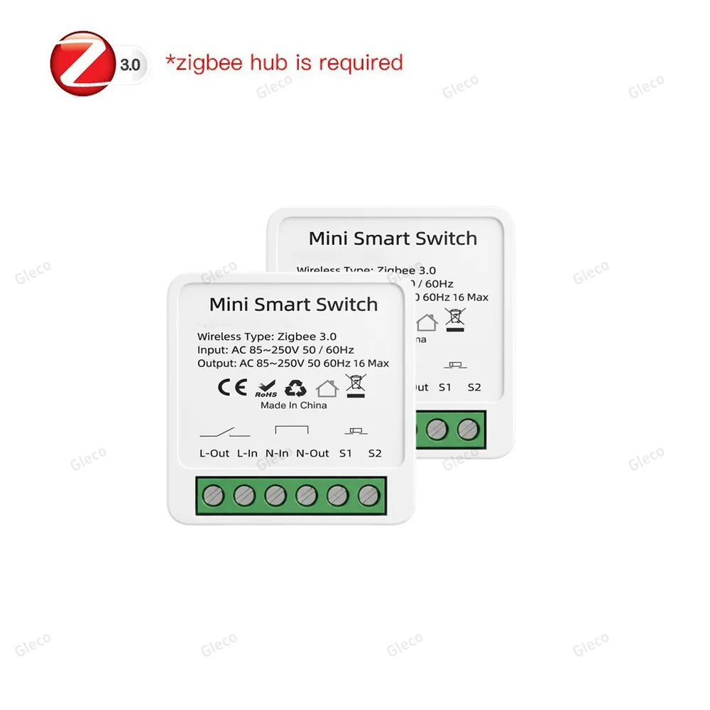 ZigBee Smart Mini Smart Light Switch 1/2CH Breaker Relay 16A 2 Way Control Smart Life APP Voice Control For Tuya Alexa Google