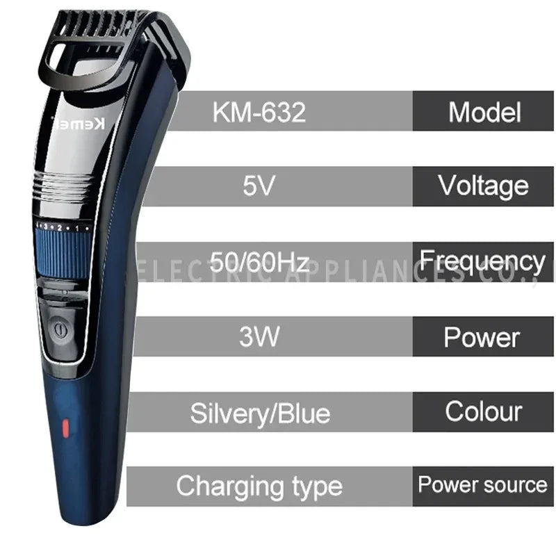 Kemei 632 Recortadora de Barba Ajustable de 0,5-10mm para Hombres, Máquina de Cortar Pelo Facial Recargable, Recortadora de Bigote y Barba de Tres Días