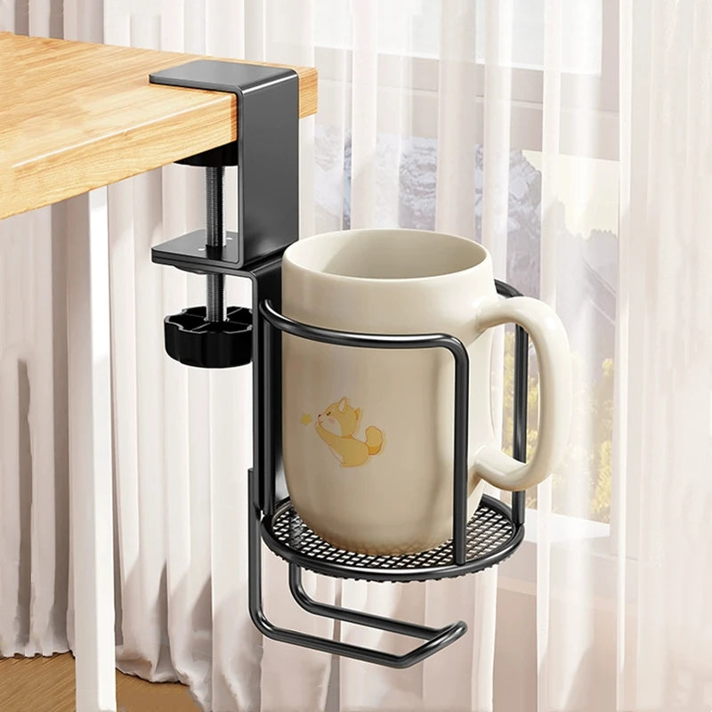 Soporte de vaso para escritorio 2 en 1 sin perforación, abrazadera de brazo ajustable mejorada, soporte giratorio de 360 grados para el borde de la mesa, soporte para vaso anticaída