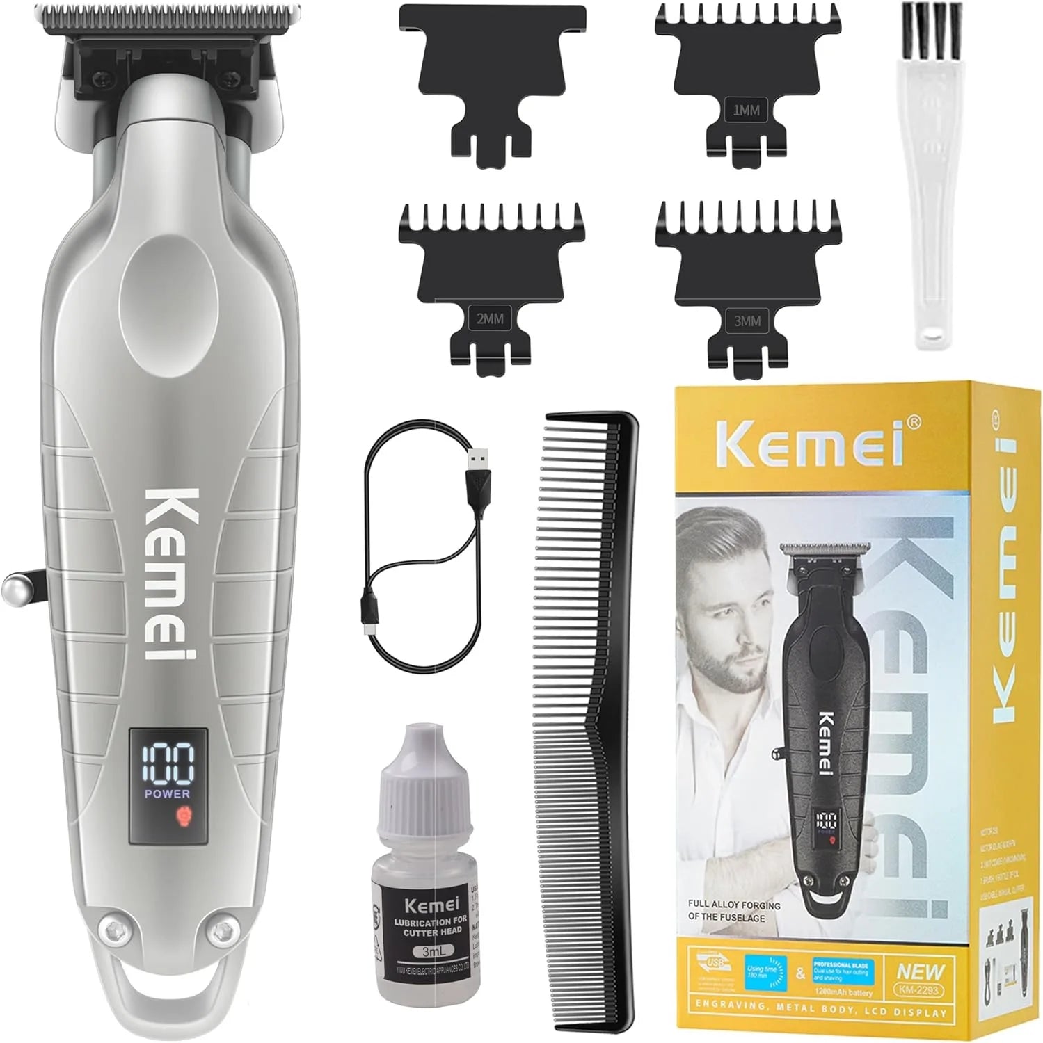 Kemei 2293 Men Zero Gapped Cordless Hair Clipper Professional Hair Beard Trimmer Barber Rechargeable Finish Hair Cutting Machine
