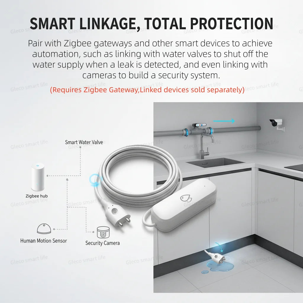 ZigBee Water Leak Sensor Alarm Smart Home Flood Leak Detector With Security Protection For Tuya Smart Life Z2M,Required Gateway