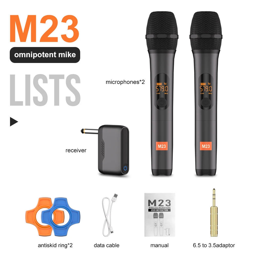 Sistema de Karaoke M23 UHF de 2 Canales con Micrófono Inalámbrico, Receptor Recargable y Micrófono de Mano Inalámbrico para Iglesia, Fiestas, Altavoz