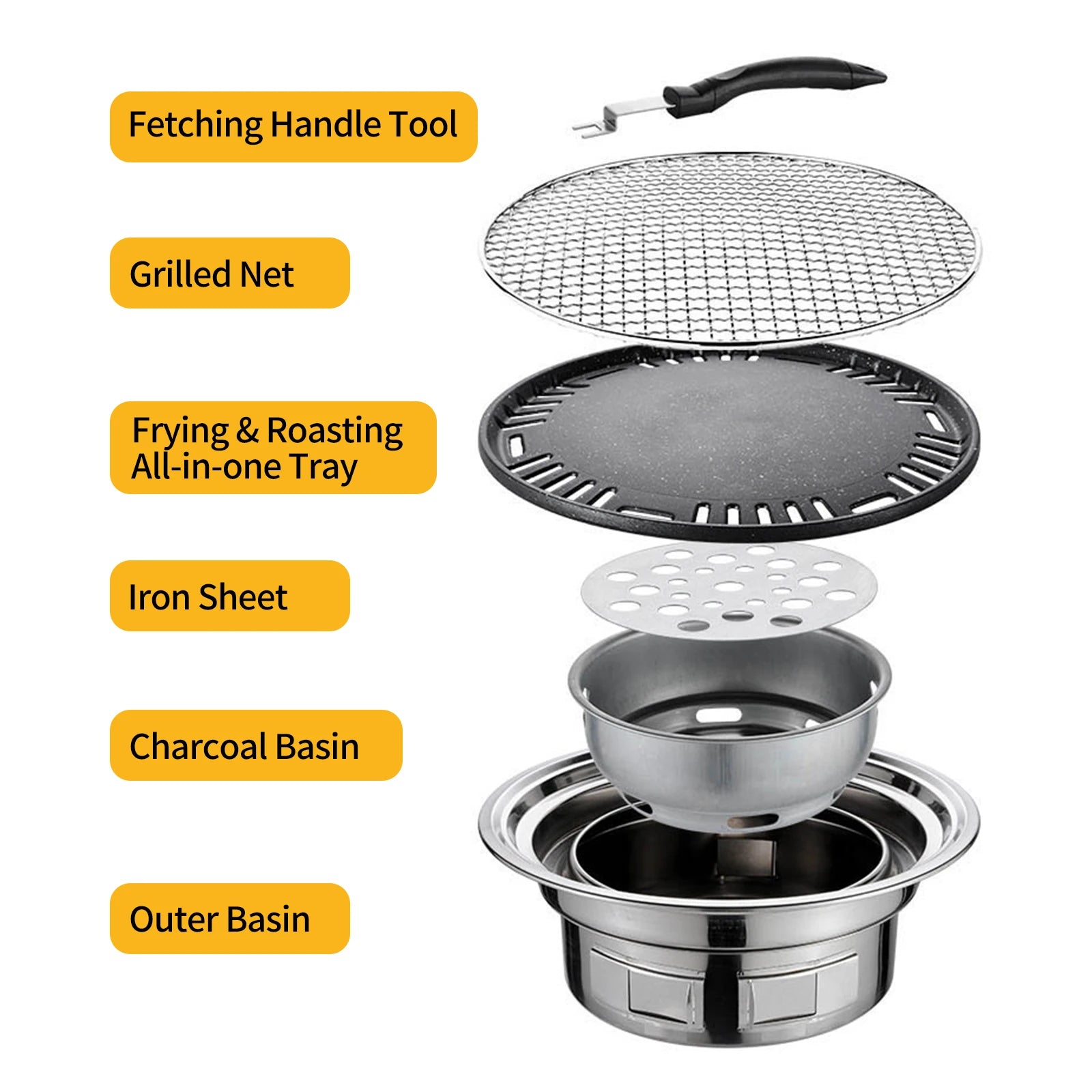 13Inch Korean BBQ Grill Multifunctional Charcoal Barbecue Grill Round Camping Grill Stove Tabletop Smoker Grill Grilled Net&Tray