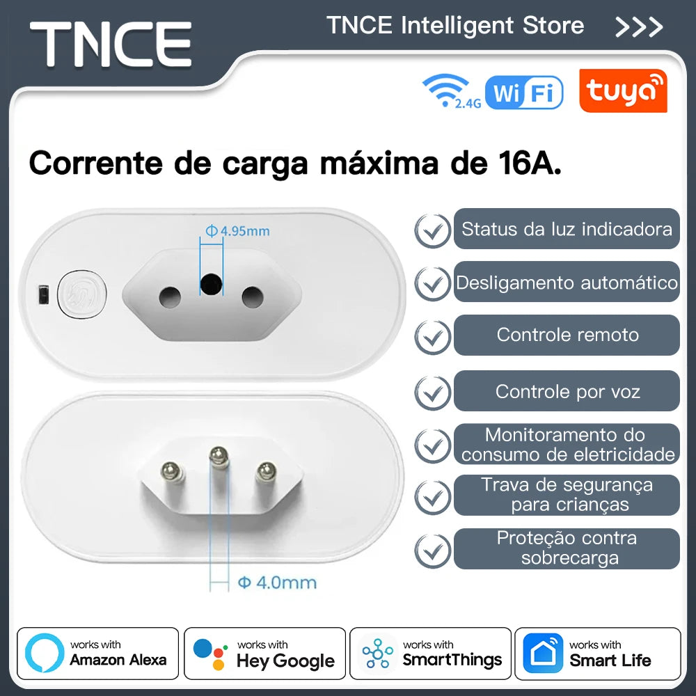 TNCE Tuya Brazil Plug 16/20A adapter, WIFI or zigbee3.0 socket with Power Monitor, Smart outlet control, Voice Google Home Alexa