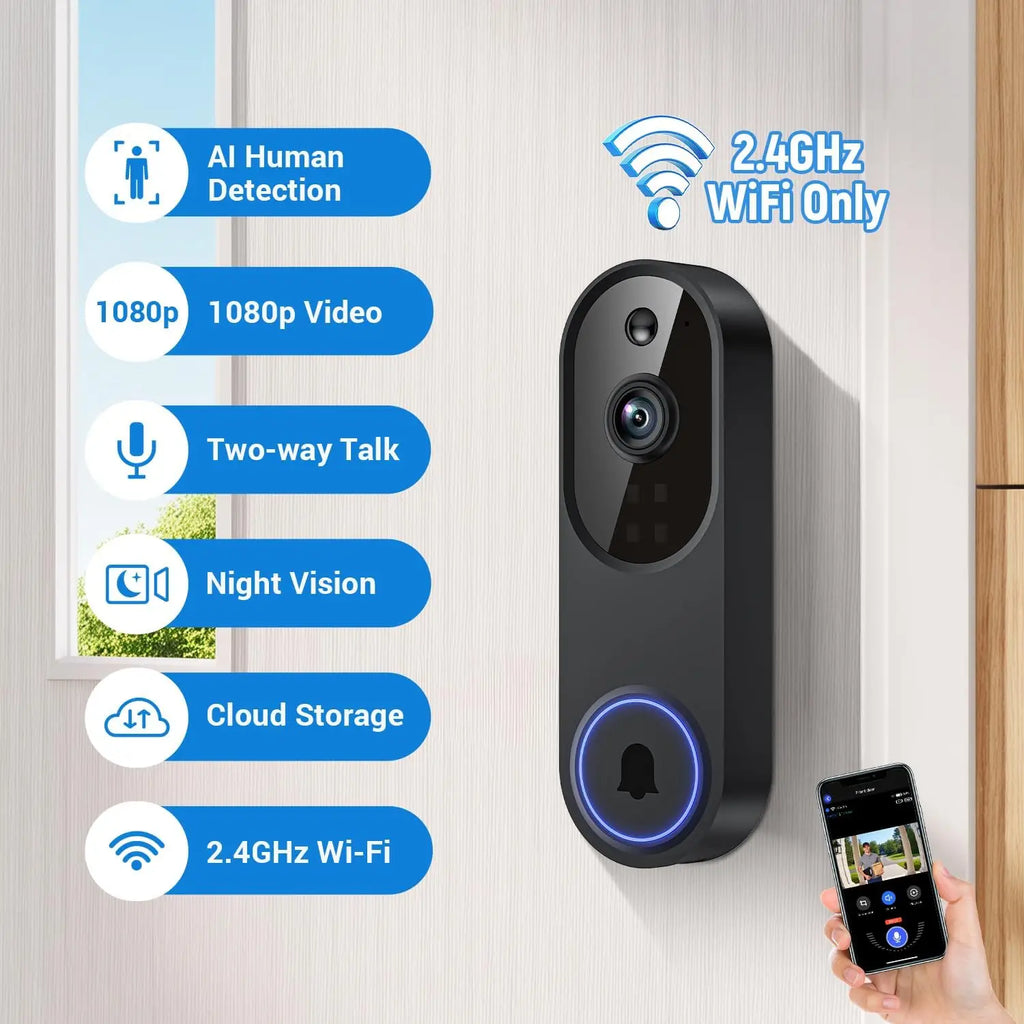 Cámara de video inalámbrica para timbre con detección de IA, visión nocturna, audio bidireccional, alimentada por batería para uso en interiores y exteriores