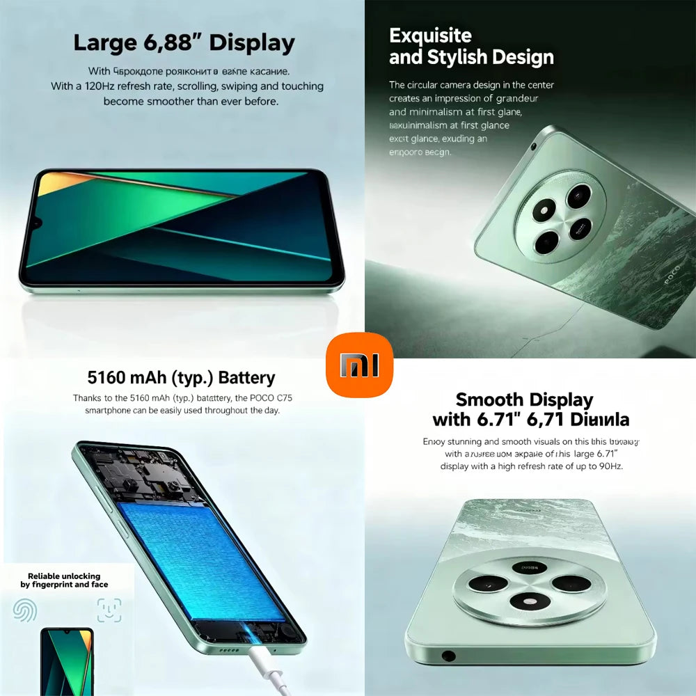 XIAOMI POCO C75 fashion smart phone 8GB+256GB ram and storage/5000mah battery capacity/side fingerprint/facial recognition/GPS