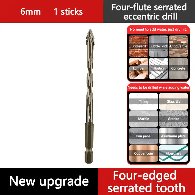 High-Strength 4-Flute Serrated Eccentric Drill Bit Dry Drilling For Ceramic Tile/Glass/Marble Concrete Hex Skewed Head Drill Bit