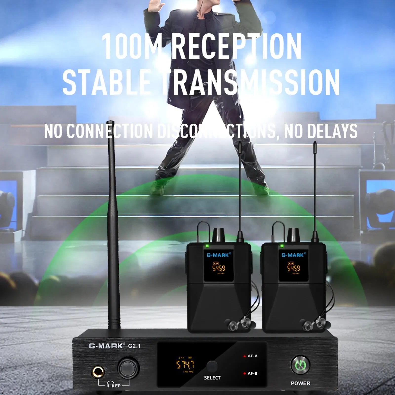 Monitor inalámbrico in-ear G-MARK G2.1IEM UHF con retorno para escenario, estudio y frecuencia seleccionable, para guitarra, banda, DJ y fiestas