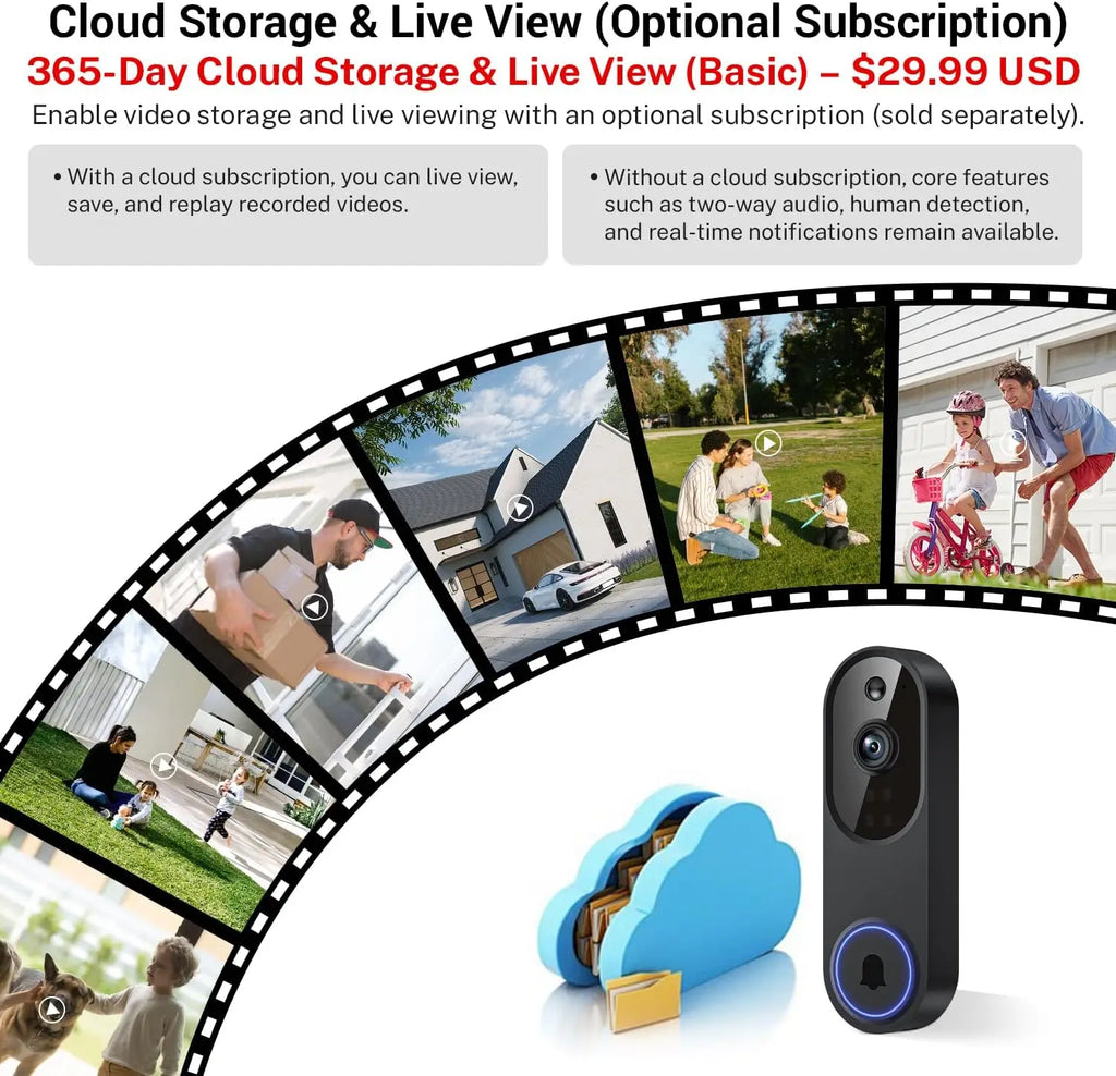 Cámara de vídeo para timbre inalámbrica Wi-Fi 1080p con audio bidireccional, visión nocturna, almacenamiento en la nube, detección de movimiento por IA, Wi-Fi de 2.4GHz