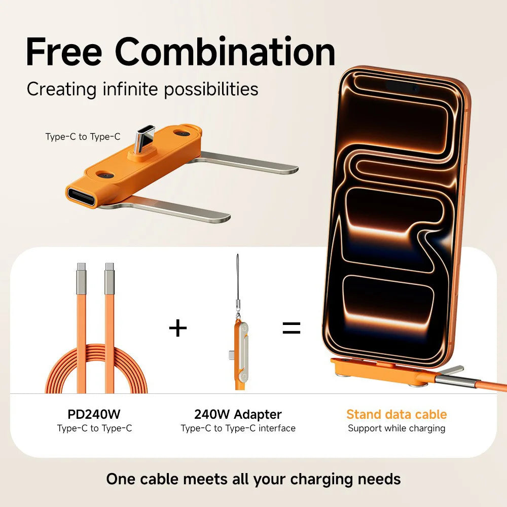 240W 2-in-1 USB C To Type C Fast Charging Foldable Bracket Data Cable For iPhone 17 Oneplus Detachable Cables tipo c Adapter