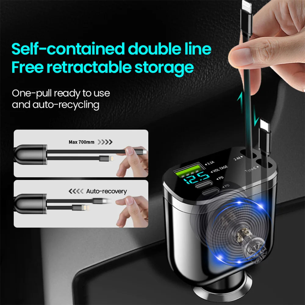 Elough 5 IN 1 Car Charger Retractable USB C to Lightning Cable 2 Type C Port Car USB Charger For IPhone Phone Adapter Compatible