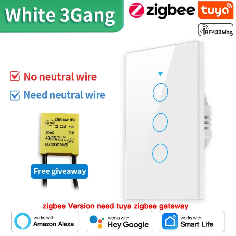 TNCE Tuya US WiFi or zigbee Smart Wall Switch 1/2/3/4 Gang Wire Touch Sensor LED Light Switches Smart Home Alexa Google Home