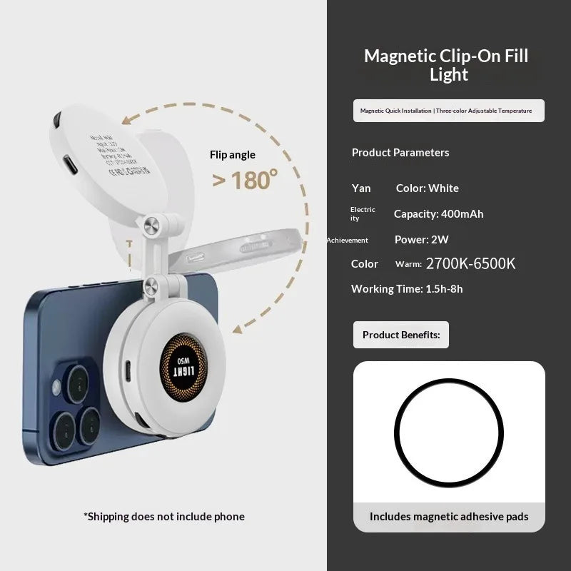W50 Teléfono móvil Tablet Luz de relleno magnética, Iluminación portátil de mano para disparos horizontales y verticales, Soporte ajustable
