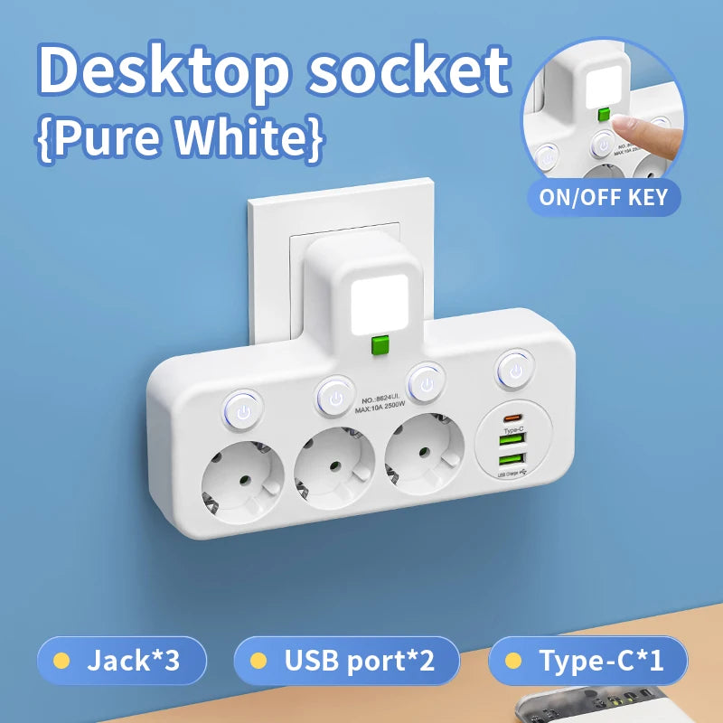EU Plug Power Strip Outlets,4 Sockets with 2 USB Type-C port Wall Charger Two specifications for Home Offices Power Socket