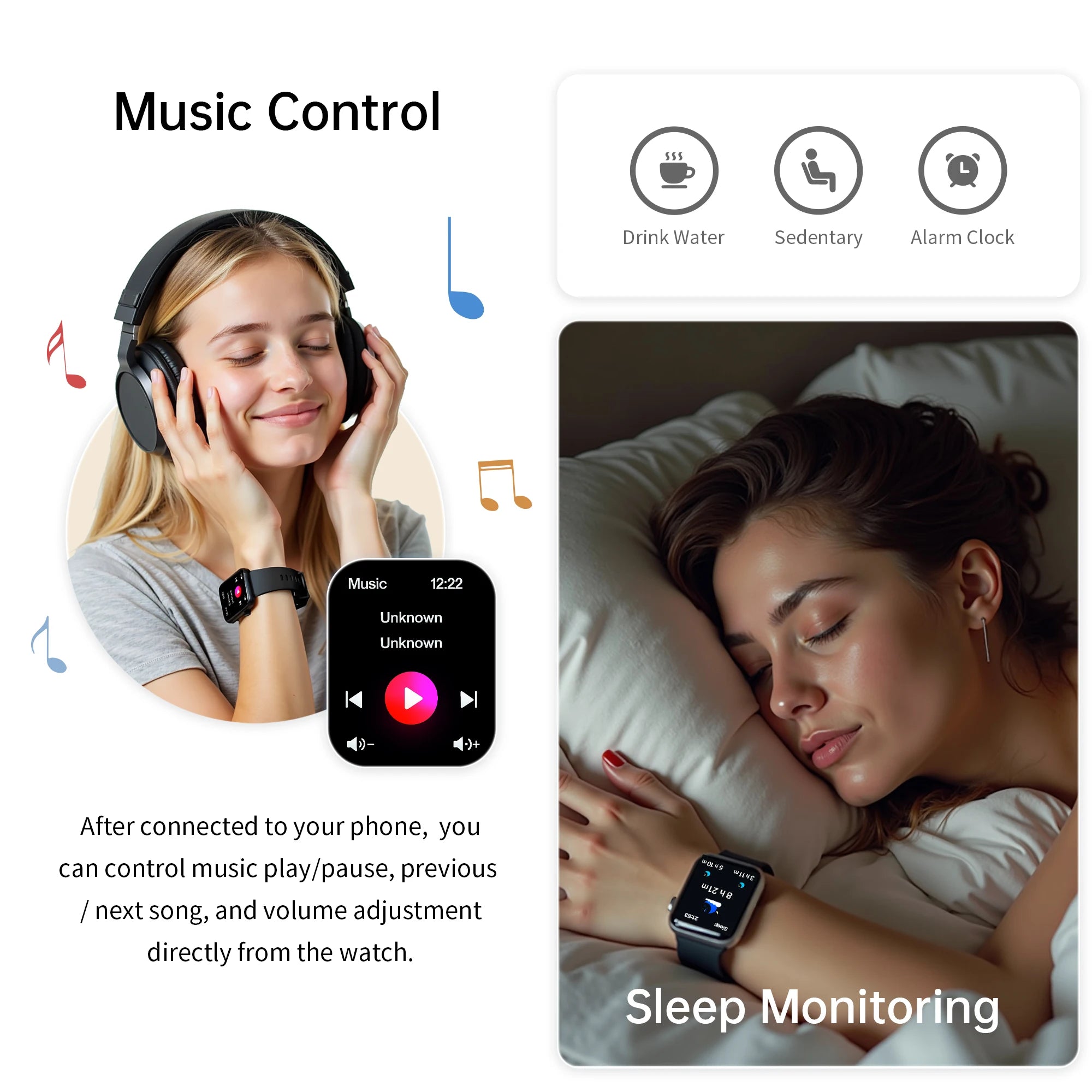 Reloj inteligente impermeable de 2.01 pulgadas con contestador de mensajes, monitoreo del sueño, podómetro deportivo y alertas de información para iPhone Android