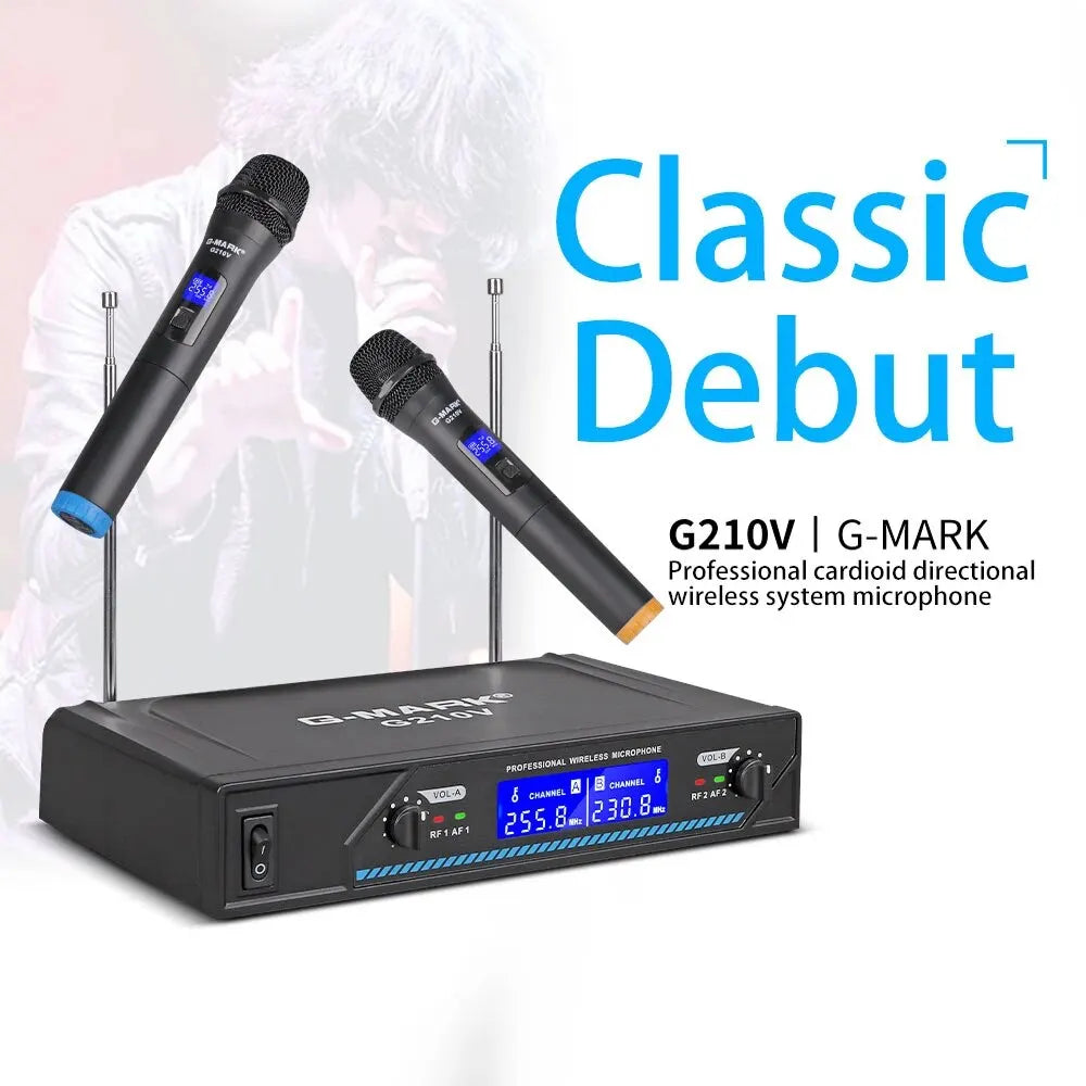 Micrófono Inalámbrico G-MARK G210V Profesional 2 Canales Micrófono de Mano para Karaoke Fiesta Reunión Iglesia Espectáculo Hogar