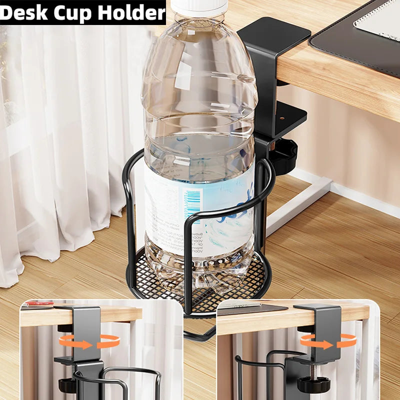 Soporte de vaso para escritorio 2 en 1 sin perforación, abrazadera de brazo ajustable mejorada, soporte giratorio de 360 grados para el borde de la mesa, soporte para vaso anticaída