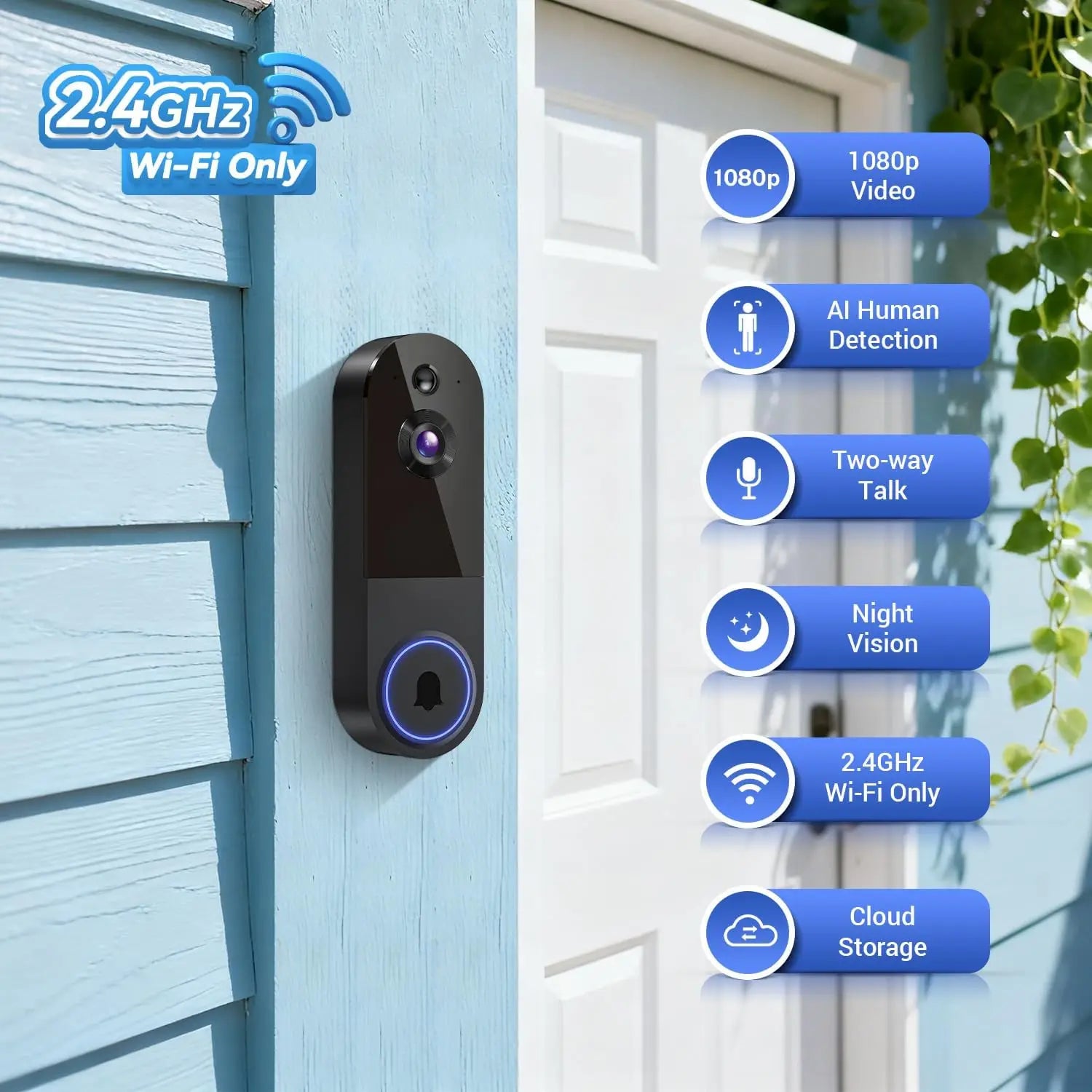 Cámara de vídeo para timbre inalámbrica Wi-Fi con visión nocturna, audio bidireccional, detección de movimiento por IA y almacenamiento en la nube
