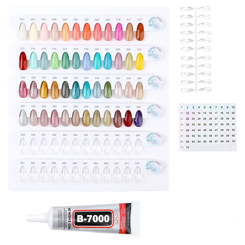 72 color nail color display board, gel polishing rack color display rack, with false nail tips and digital stickers, nail salon