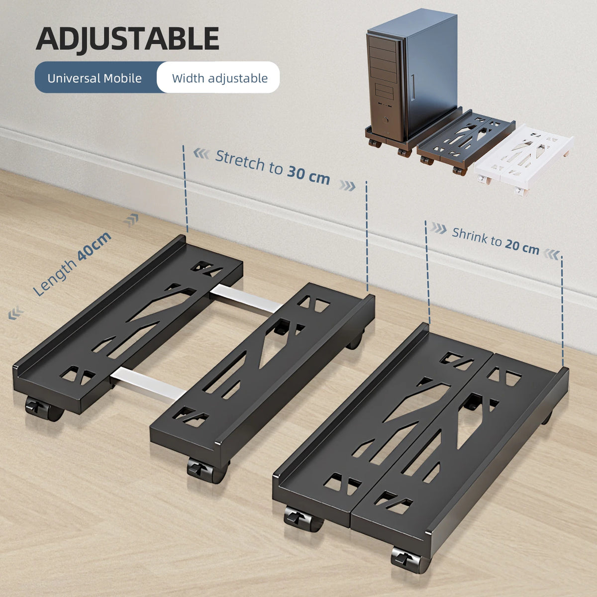 Soporte de CPU móvil ajustable, soporte de torre de computadora ventilado, soporte de torre de PC con 4 ruedas giratorias, se adapta a la mayoría de las PC, soporte debajo del escritorio
