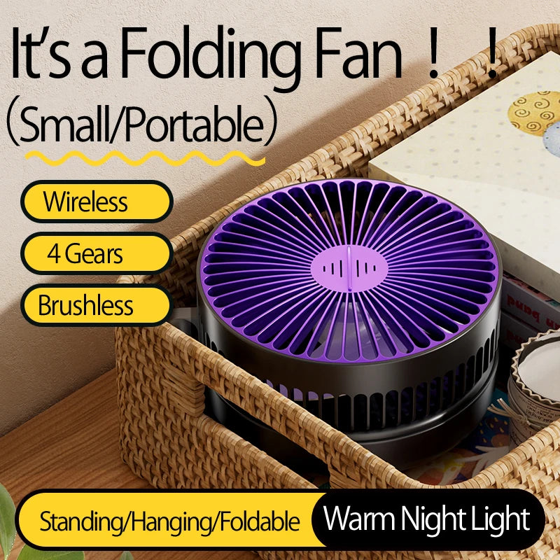 2024 New Style 5000mAh Small Portable Fan Rechargeable Wall Mounted Fan 90° Foldable Desktop Fan 4 Gears With Warm Night Light