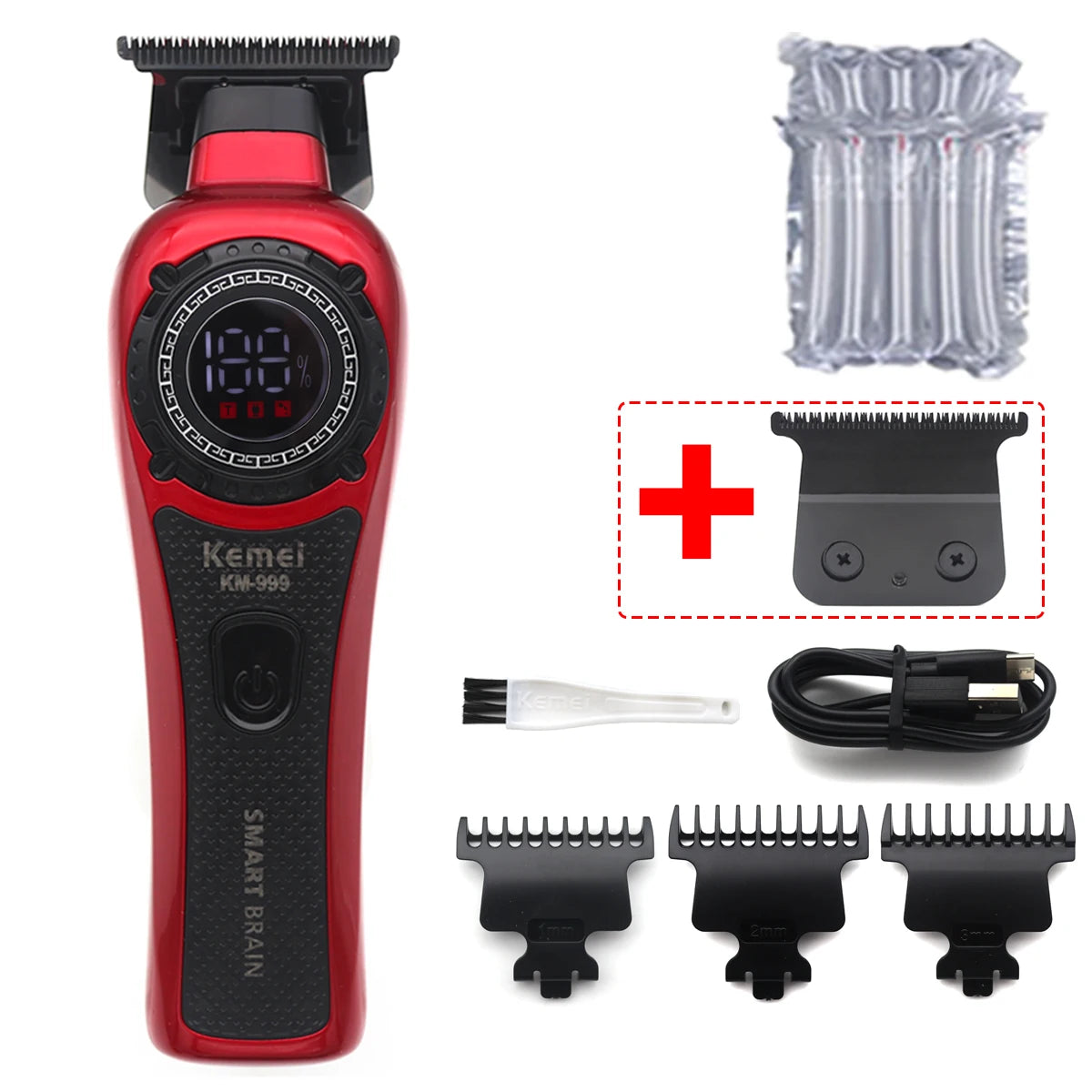 Kemei DLC T-Blade Zero Gapped LED Display Cordless USB Professional Hair Clipper Finishing Machine KM-999 Hair Trimmer for Men