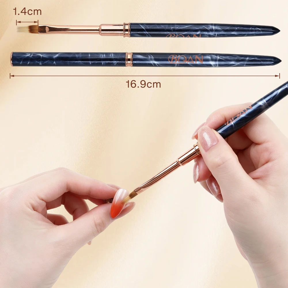 Portable Ombre Nail Art Brush with Dust Cap, Soft Nylon Bristles, Blue Marble Handle, Precision Blending Pen for Gradient Nail C
