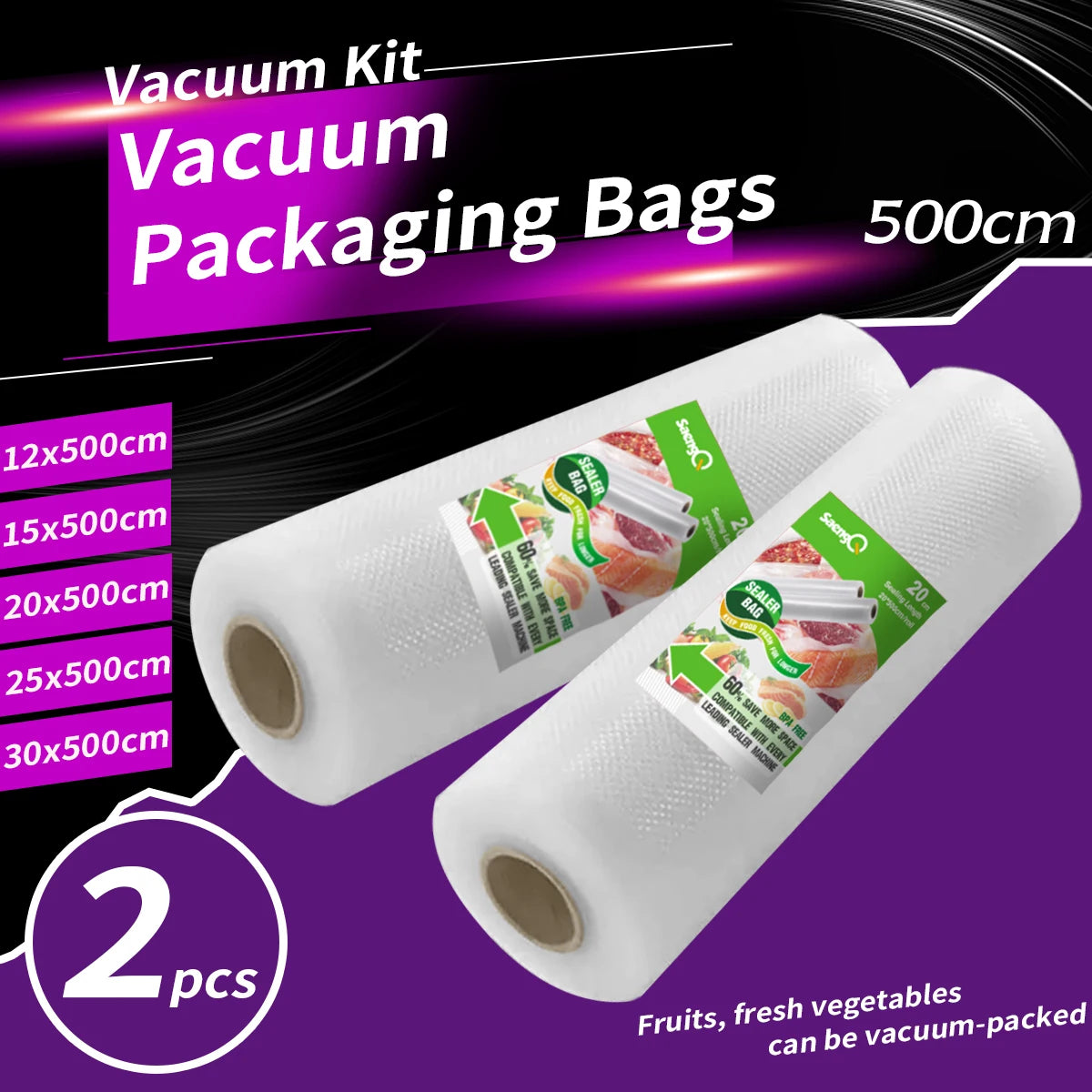 2 rollos de 500 cm de largo de rollos texturizados, bolsas comprimidas al vacío, rollos de malla de una sola cara para envasado al vacío de alimentos, 2 paquetes