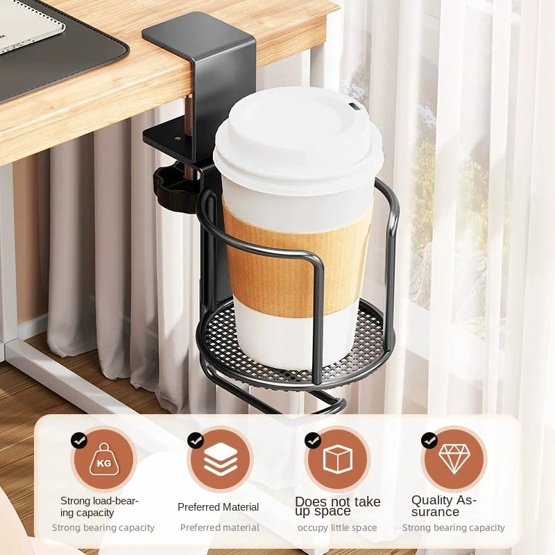 Soporte de vaso para escritorio 2 en 1 sin perforación, abrazadera de brazo ajustable mejorada, soporte giratorio de 360 grados para el borde de la mesa, soporte para vaso anticaída