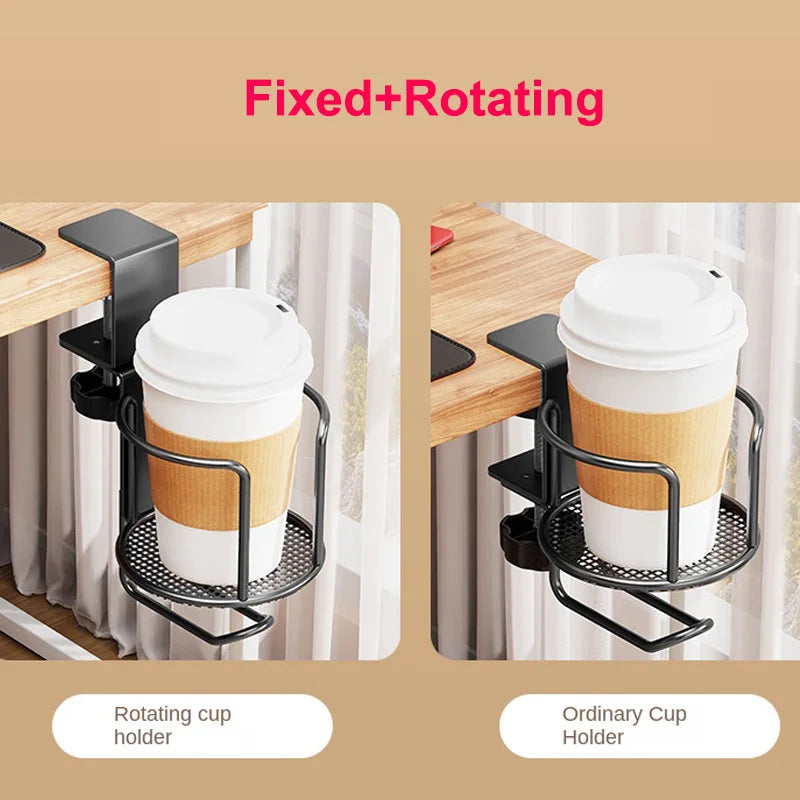 Soporte de vaso para escritorio 2 en 1 sin perforación, abrazadera de brazo ajustable mejorada, soporte giratorio de 360 grados para el borde de la mesa, soporte para vaso anticaída