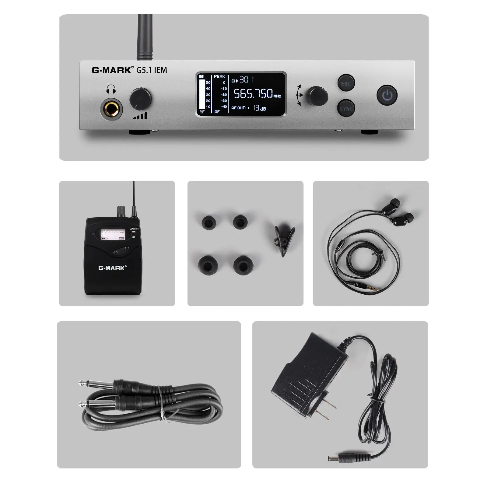 Sistema de monitor intrauditivo inalámbrico G-MARK G5.1IEM UHF mono de un solo canal con frecuencias seleccionables para cantantes, actuaciones en escenario y DJ