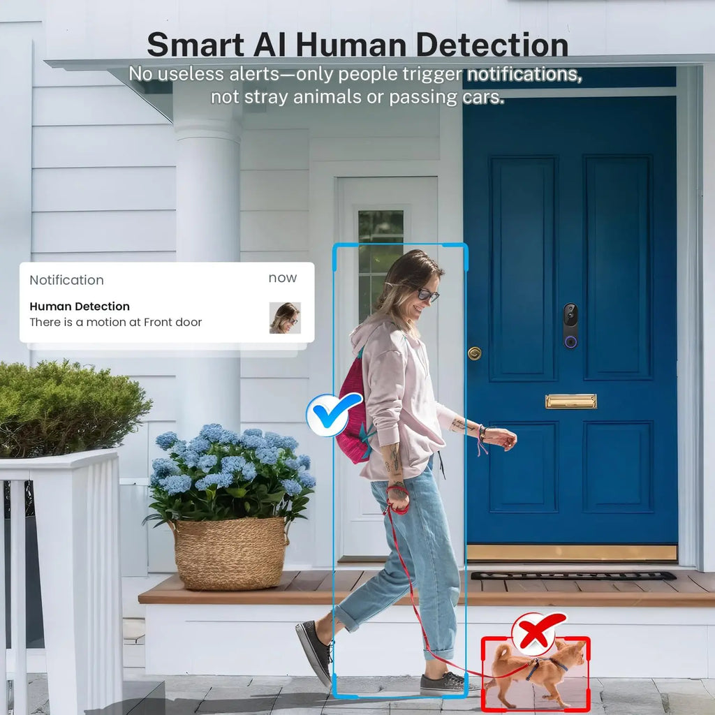 Cámara inalámbrica con timbre de video 1080p con audio bidireccional, visión nocturna, almacenamiento en la nube, detección de movimiento por IA para seguridad en el hogar