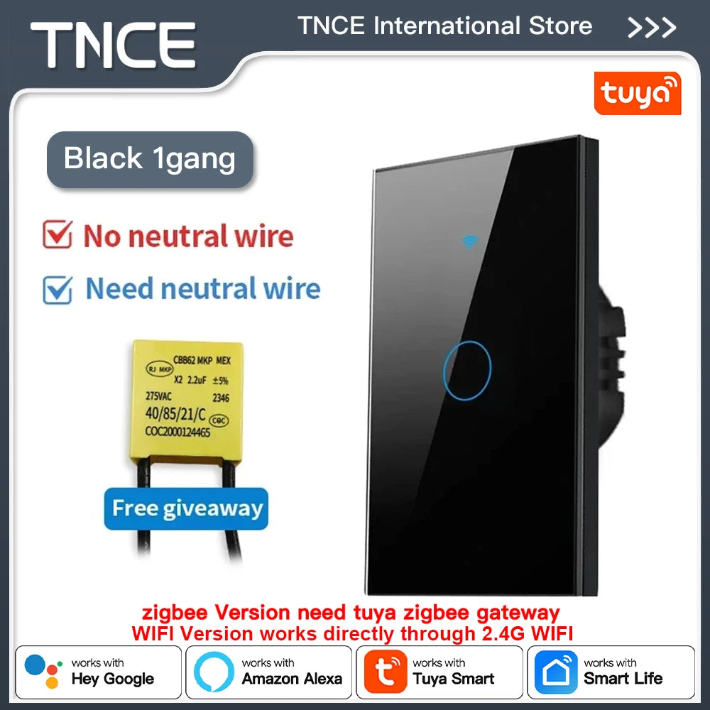 TNCE Tuya US Switch WIFI or Zigbee need/No Neutral Wire Require 1/2/3/4 Gang Smart Touch controller Voice With Alexa Google Home