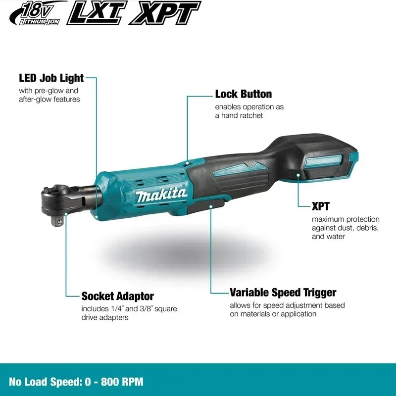 MAKITA 18V LXT 47.5 N·m Cordless Ratchet Wrench DWR180Z 6.35mm Drive 800RPM Angle Wrench for Mechanics & DIY& Industry