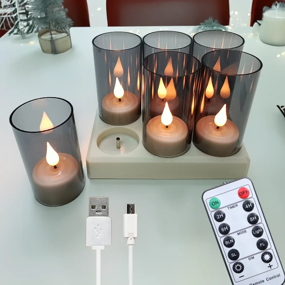 LED Candle Light Rechargeable Tea Lights Flameless Candles Led Light Timer Remote With Black Cups For Wedding Home Decor  Lamp