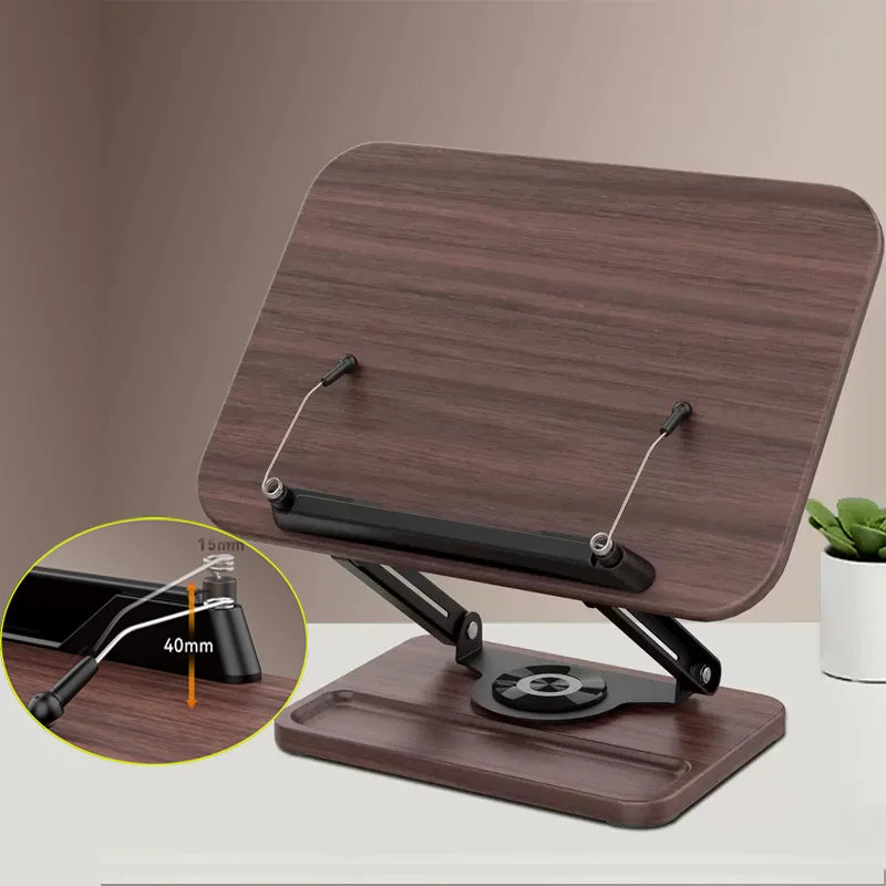 Reading Books Holder Desktop Book Laptop Stand with 360° Rotating Base Wooden Panel & Page Clips Foldable and Angle for Textbook