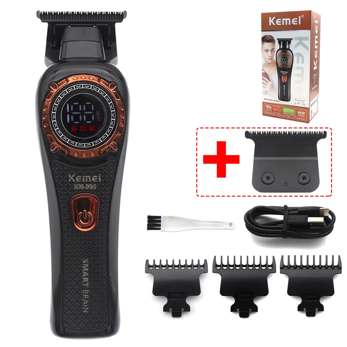 Kemei DLC T-Blade Zero Gapped LED Display Cordless USB Professional Hair Clipper Finishing Machine KM-999 Hair Trimmer for Men