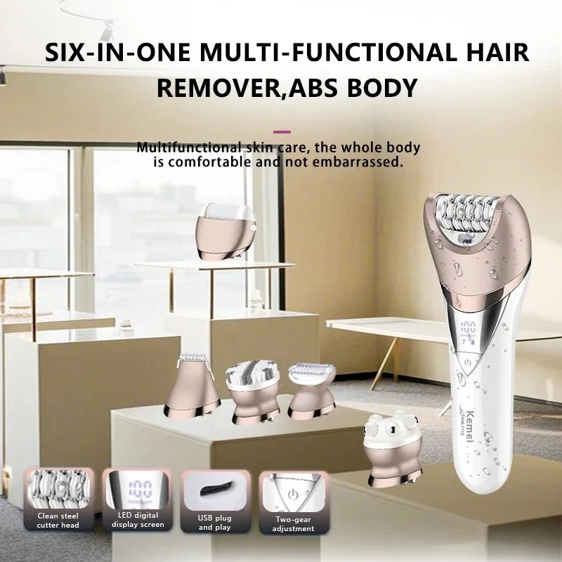 Kemei Recortadora de vello para bikini y axilas, pedicura, afeitadora eléctrica, exfoliador corporal, depiladora 6 en 1, afeitadora para depilación púbica para mujeres