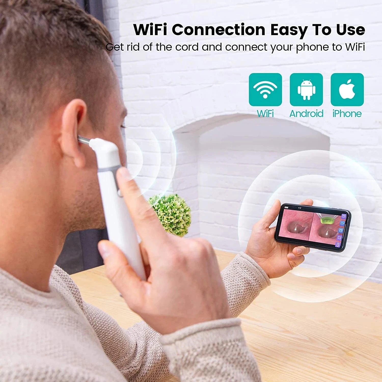 Cámara de oído otoscopio inalámbrico con doble vista, endoscopio de oído WiFi de 3.9 mm 720PHD con 6 luces LED para niños y adultos, compatible