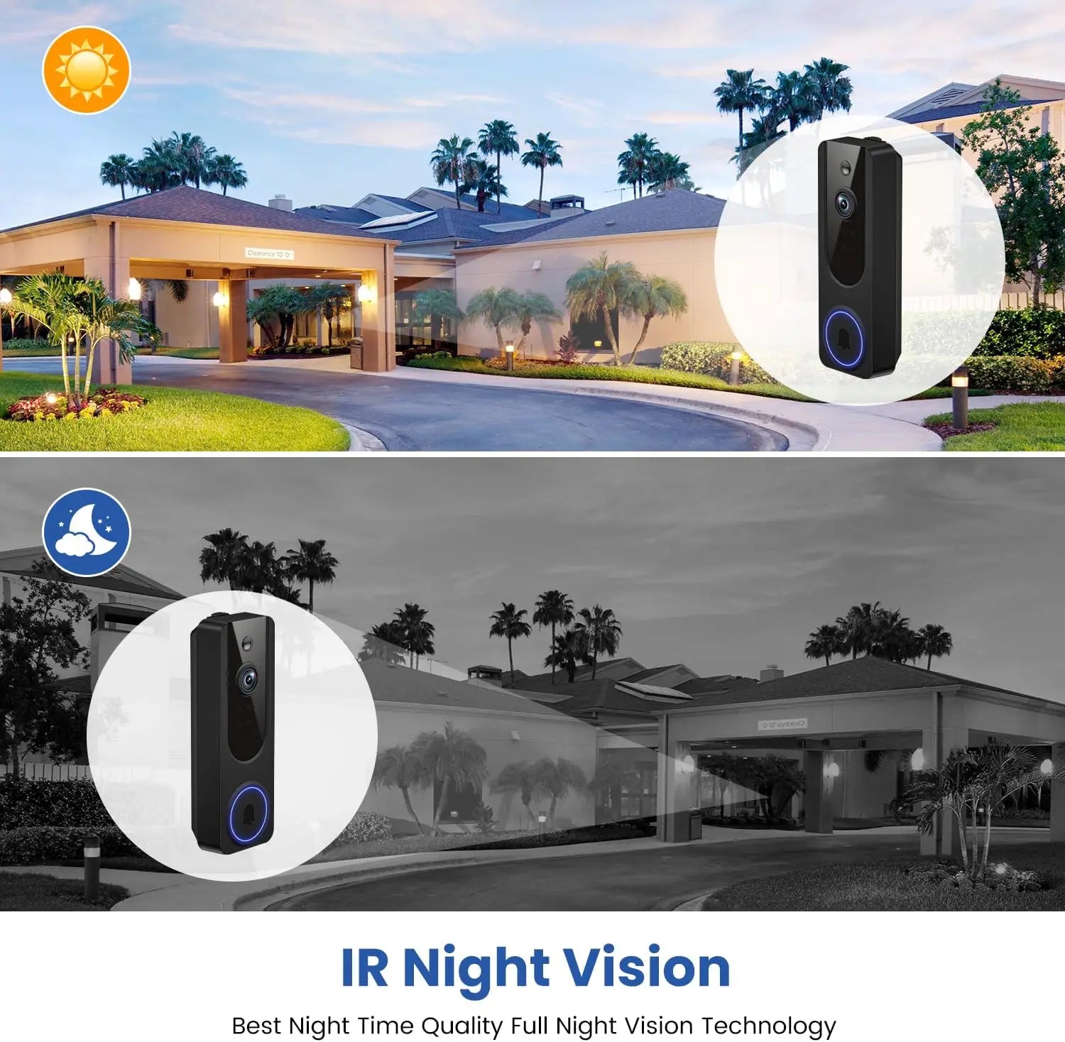 Timbre de Video Inalámbrico con Detección por IA, Visión Nocturna, Audio Bidireccional, Almacenamiento en la Nube para Seguridad Interior/Exterior
