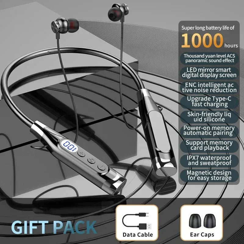 Auriculares inalámbricos con banda para el cuello Bluetooth con micrófono Batería de larga duración Auriculares de alta calidad deportivos para tarjeta TF