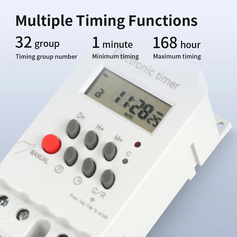 TNCE 30A Timer Switch 220V, big power time control switch, set to seconds, 32 groups of timer on and off light, water pump timer