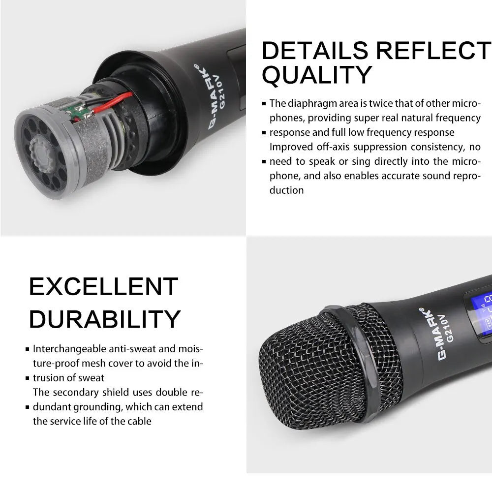 Micrófono Inalámbrico G-MARK G210V Profesional 2 Canales Micrófono de Mano para Karaoke Fiesta Reunión Iglesia Espectáculo Hogar