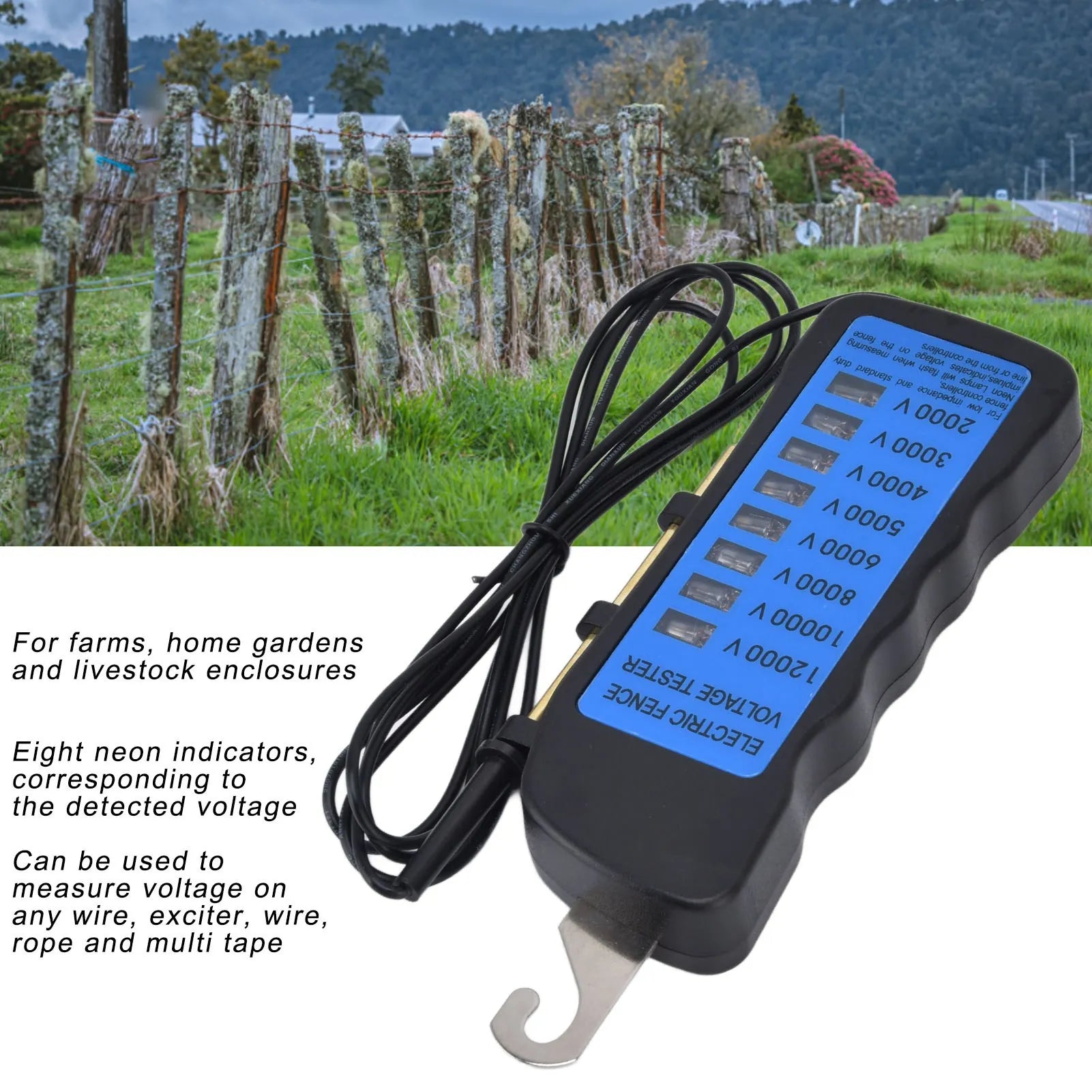 Comprobador de cercas impermeables 12KV Comprobador de voltaje de cercas de neón de 2000 a 12000V 8 luces indicadoras de neón Comprobador de cercas impermeables para granjas